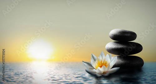 Zen, meditation, harmony. Beautiful lotus flower and stack of stones on water surface, space for text