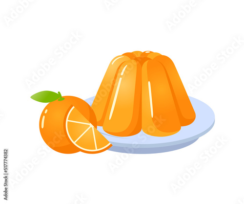 Orange jelly sweet dessert on plate with orange fruit cartoon vector illustration