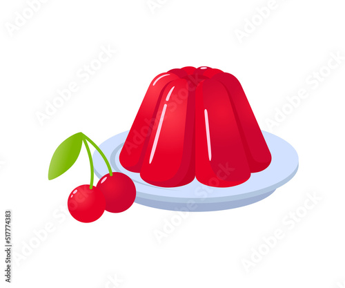 Red jelly sweet dessert on plate with cherry berry cartoon vector illustration