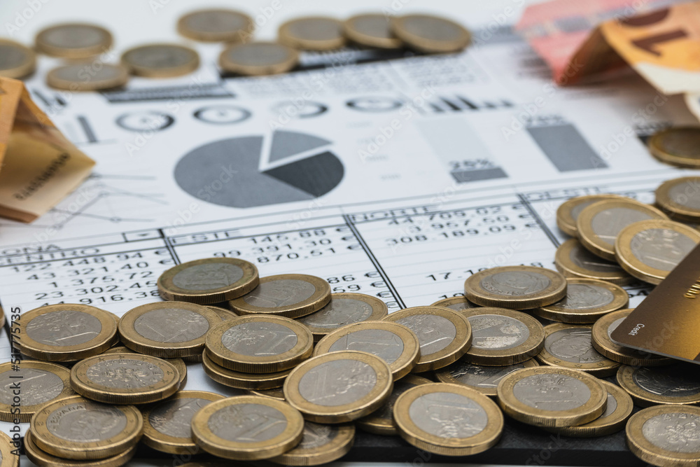 Euro currency, invoices and value tables. Euro currency, invoices and value tables.