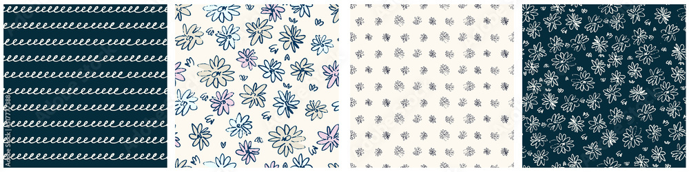 Seamless patterns set with hand drawn meadow flowers in Ditzy style. Stylish dark illustrations on beige background for surface design and other design projects