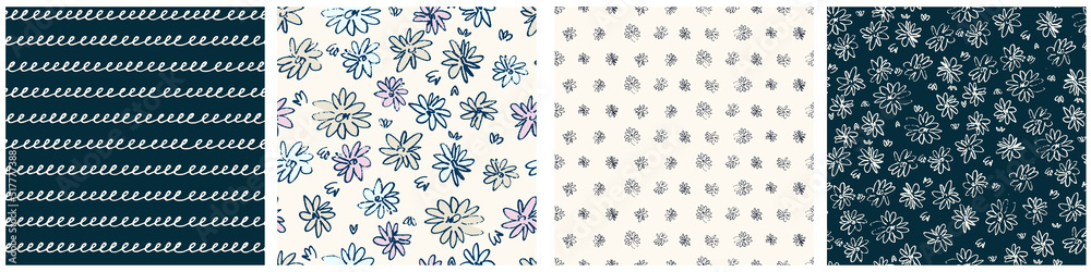 Seamless patterns set with hand drawn meadow flowers in Ditzy style. Stylish dark illustrations on beige background for surface design and other design projects Seamless patterns set with hand drawn meadow flowers in Ditzy style. Stylish dark illustrations on beige background for surface design and other design projects