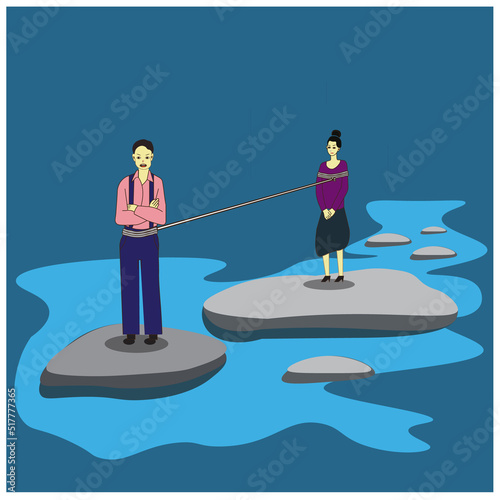 a woman tied to a man with a long rope


