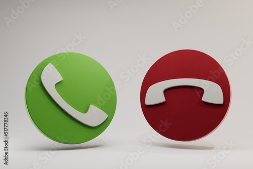 icons of phone buttons to take and answer the call on a white background with shadows. white telephone receivers on a red and green background. 3d render. 3d illustration