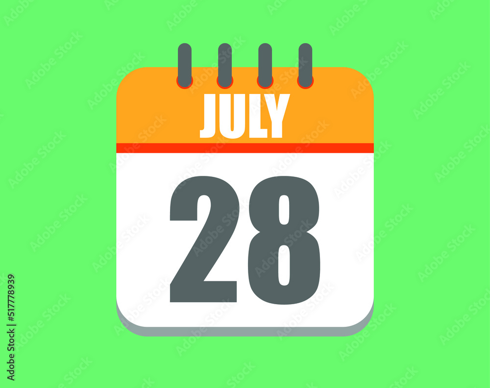 July day 28. Calendar icon for july. Vector illustration in orange and white on green background.