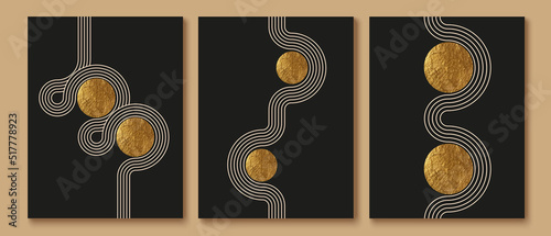 Abstract minimalist wall art composition in beige, grey, white, black colors. Simple line style. Golden geometric shapes, lines, circles. Modern creative hand drawn background. photo