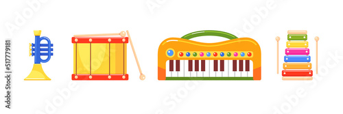 Kids toy musical instruments icons. Piano, drum, xylophone and trumpet. Early education equipment. Set of vector colorful flat illustrations isolated on white background