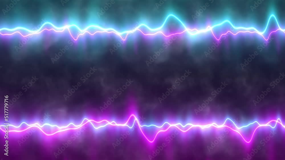 Futuristic blue and purple neon curve lines in smoke with the effect of electric flashes, technology design, cosmic tomorrow aesthetic style, abstract space background, 4k looping video, 3d render Futuristic blue and purple neon curve lines in smoke with the effect of electric flashes, technology design, cosmic tomorrow aesthetic style, abstract space background, 4k looping video, 3d render