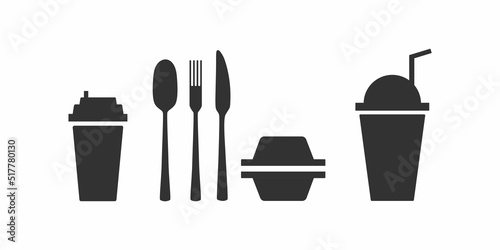 Fast food and take away eco packaging symbol for restaurant, cafe, bistro and diner. Plastic free and recyclable. Editable stroke. Vector stock illustration isolated on black background. 