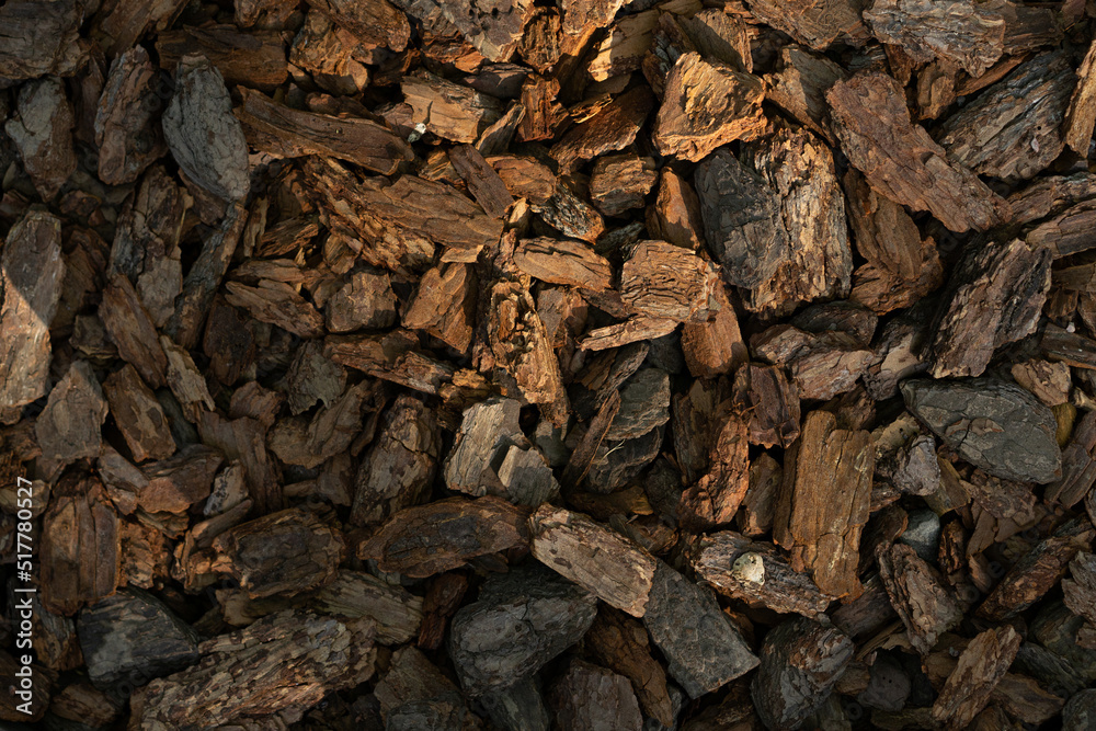 A pile of wood chips to be used as landscaping mulch.