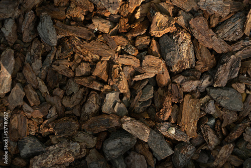 A pile of wood chips to be used as landscaping mulch.