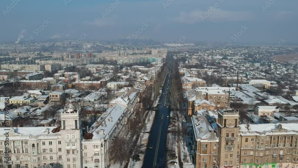 The center of the Mariupol less than a month before the War begin. Kuindzhi str. Aerial view from Mariupol Theatre. Working Illich steel plant on a horizon. The center of the Mariupol less than a month before the War begin. Kuindzhi str. Aerial view from Mariupol Theatre. Working Illich steel plant on a horizon.
