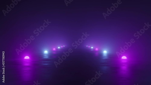 Futuristic flight over the runway in smoke illuminated by blue and purple neon lamps, abstract cosmic design, arcade style, technology Sci-Fi design, space background, 4k looping video, 3d rendering photo