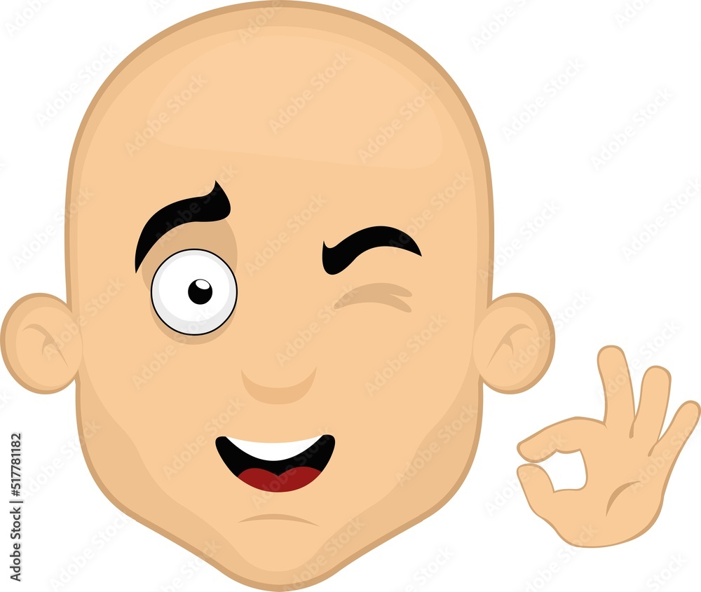 Vector illustration of the face of a cartoon bald man with a happy expression, winking and with an ok or perfect gesture of his hand