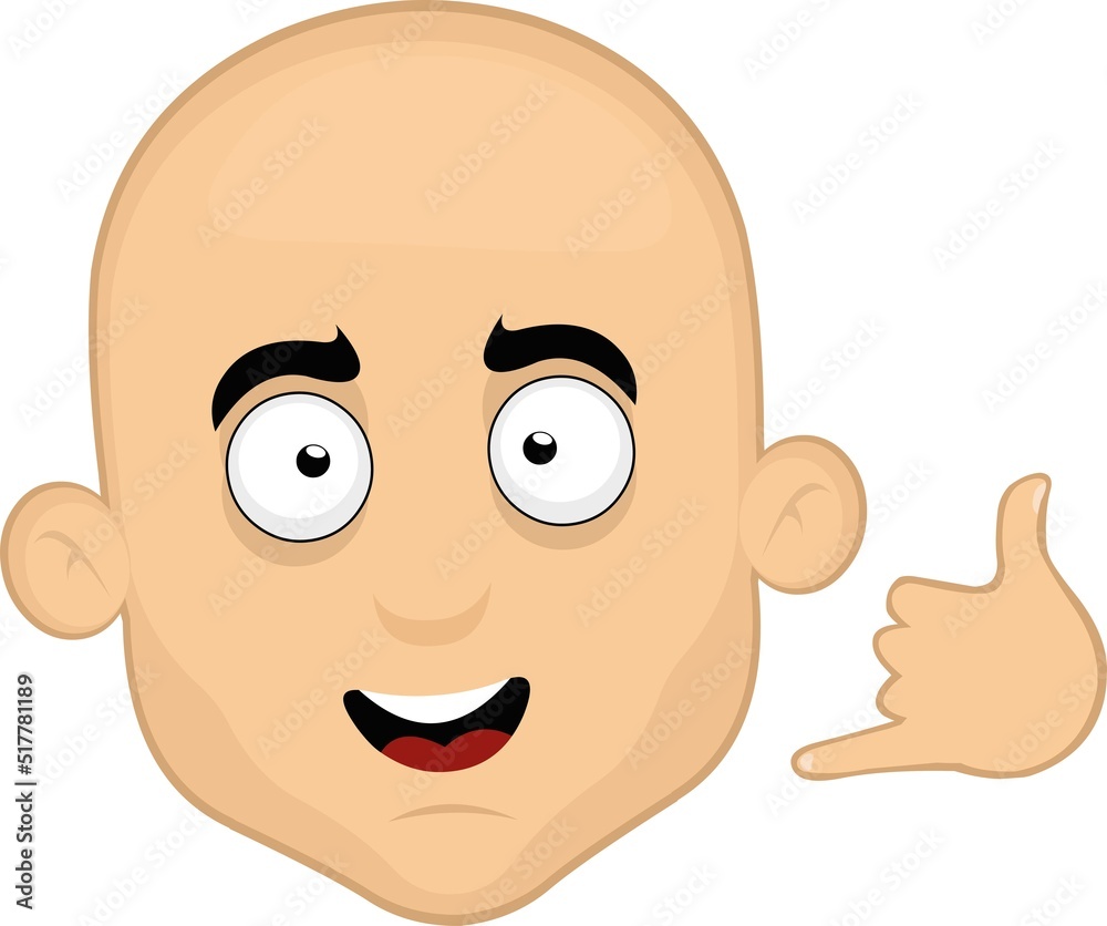 Vector illustration of the face of a cartoon bald man with a gesture with his hand of call me by phone or shake