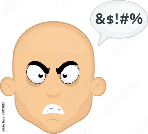 Vector illustration of the face of a bald man cartoon with an angry expression and a dialogue bubble with insulting text
