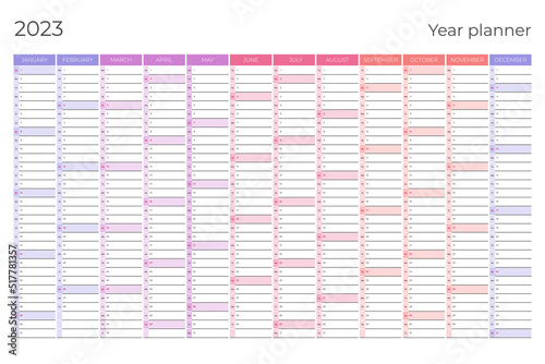 2023 year calendar.  Planner template with vertical columns. Vector business organizer.