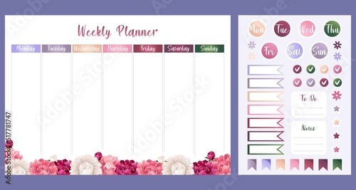 Modern vector collection of daily weekly monthly planner printable template with colorful elements. Weekly planner decorated with peonies and color stickers templates. Blank white notebook page A4