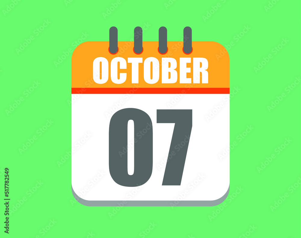 October day 7. Calendar icon for October. Vector illustration in orange and white on green background.