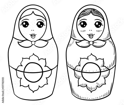 Pair of female Matryoshka dolls for coloring activities, Vector illustration