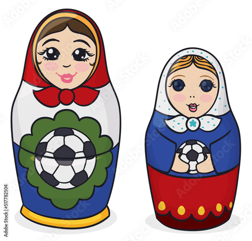 Pair of Matryoshka dolls in different sizes with soccer balls, Vector illustration