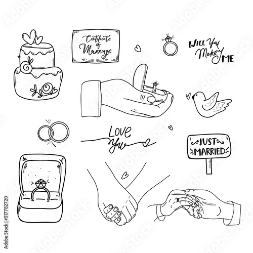  Hand Drawn Wedding Marriage Icons Set Full Color Sketched Illustrations Collection hands, cake, rings, birds. Vector illustration