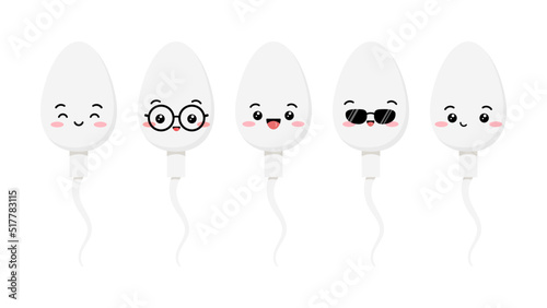 Cute sperm cell cartoon character emoji set. Kawaii sperm medicine maskot - happy, smille, with eyeglasses and sunglasses emoticon collection. Flat design cartoon vector illustration.
