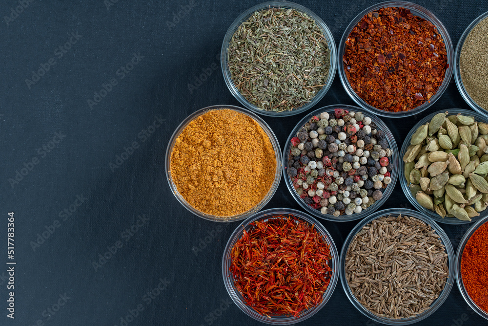 Assortment of aromatic spices, seeds and dry herbs for cooking food Assortment of aromatic spices, seeds and dry herbs for cooking food