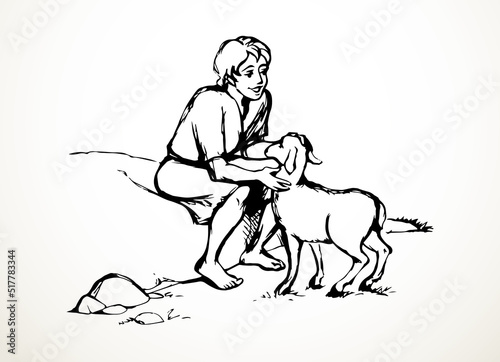 Shepherd with sheep. Vector drawing