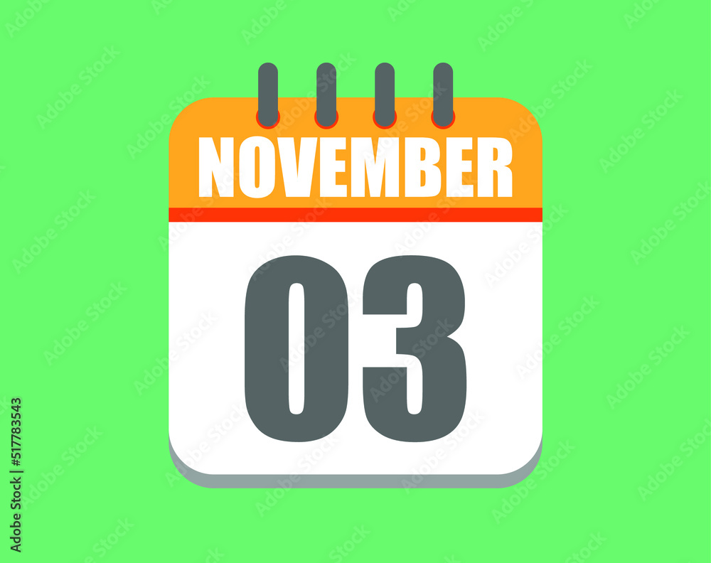 November day 3. Calendar icon for November. Vector illustration in orange and white on green background. November day 3. Calendar icon for November. Vector illustration in orange and white on green background.