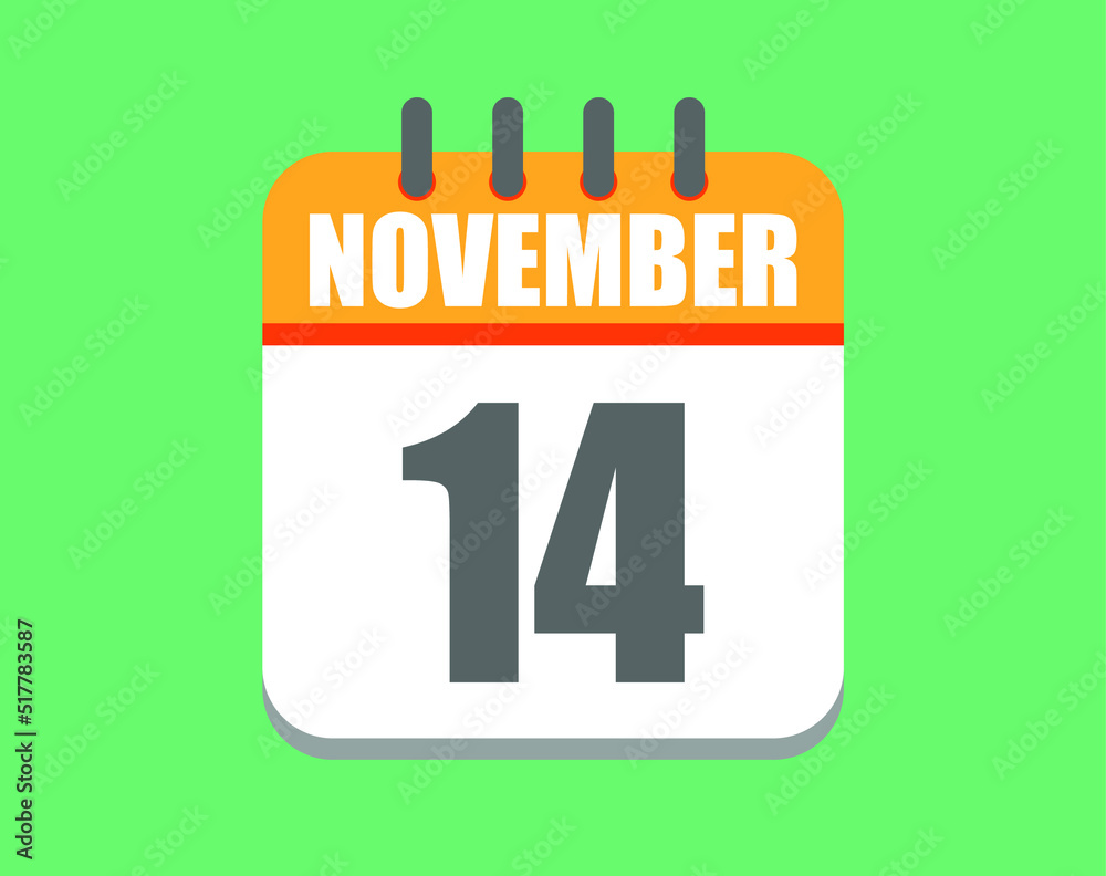 November day 14. Calendar icon for November. Vector illustration in orange and white on green background. November day 14. Calendar icon for November. Vector illustration in orange and white on green background.