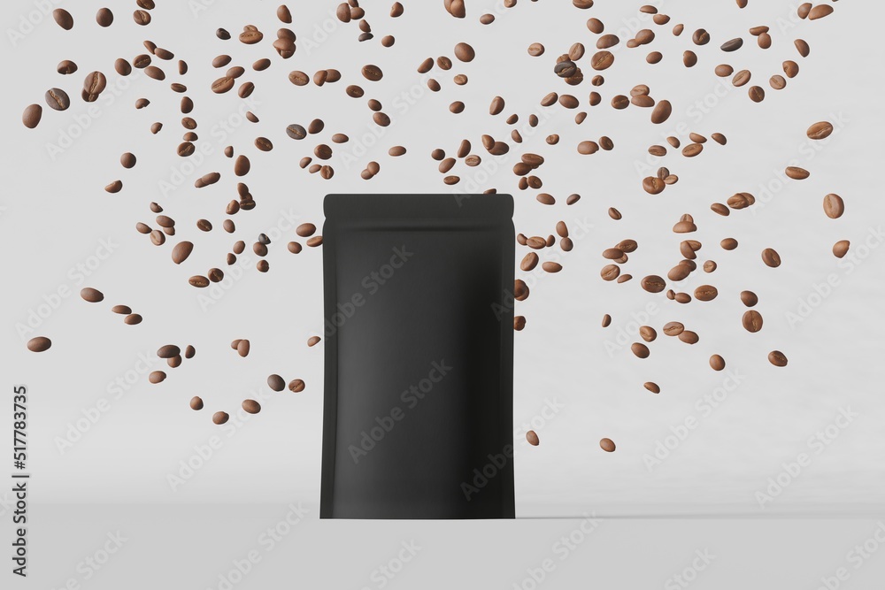 Black coffee bag mockup falling beans matte podium white background 3D