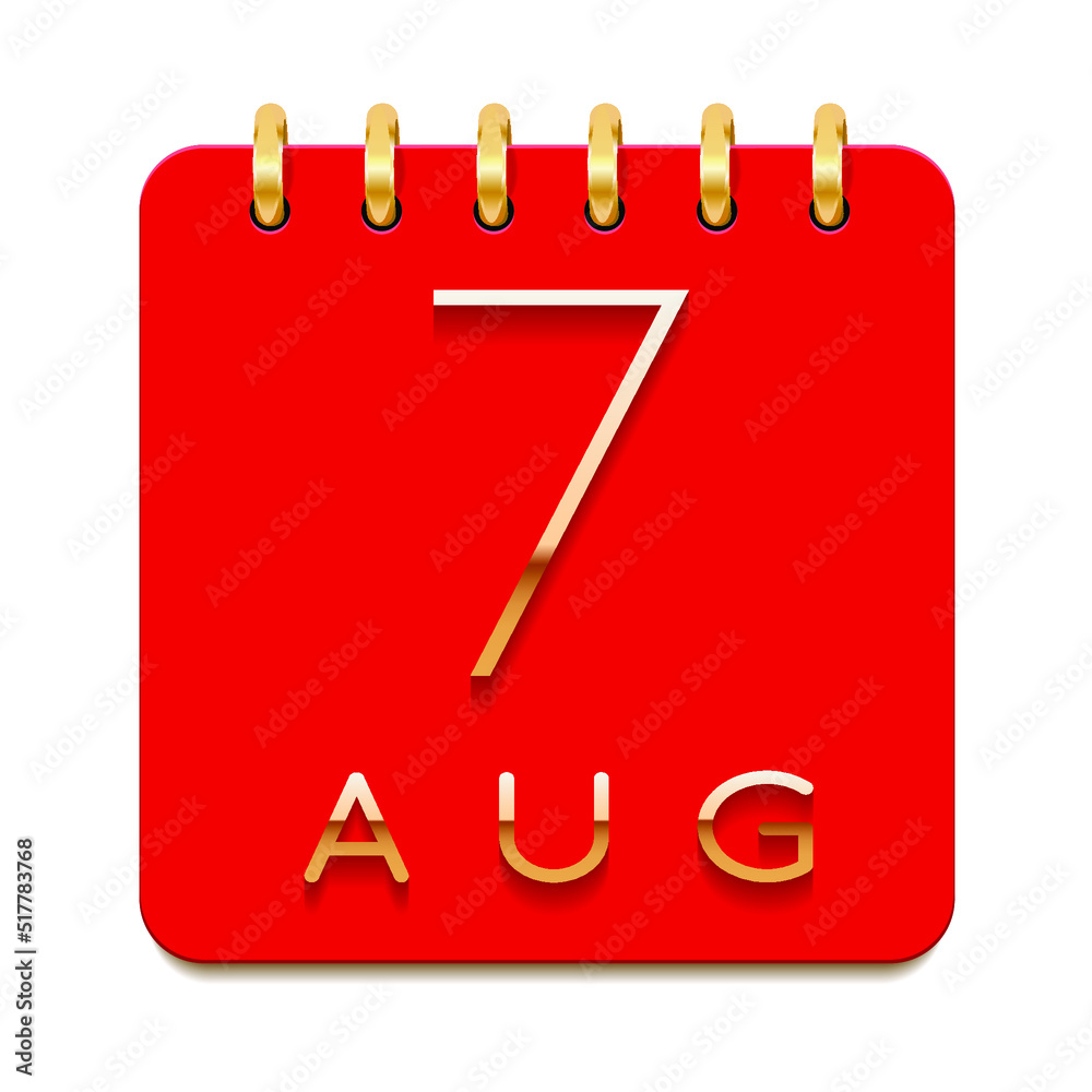 7 day of the month. August. Luxury calendar daily icon. Date day week Sunday, Monday, Tuesday, Wednesday, Thursday, Friday, Saturday. Gold text. Red paper. Vector illustration. 7 day of the month. August. Luxury calendar daily icon. Date day week Sunday, Monday, Tuesday, Wednesday, Thursday, Friday, Saturday. Gold text. Red paper. Vector illustration.