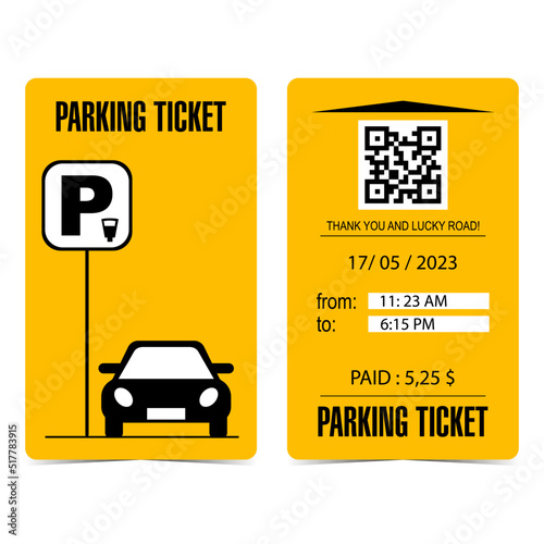 Paid parking ticket design template in black and orange colours. Parking zone entrance and exit quittance or receipt with parking sign, car, qr code, date, time and price. Flat vector illustration.