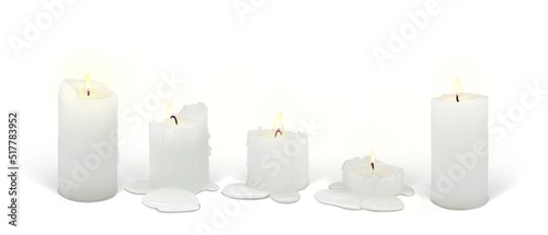 Set of realistic burning candles on a white background. 3d candles with melting wax, flame and halo of light. Vector illustration with mesh gradients. EPS10.