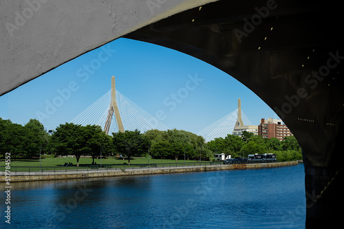 The Leonard P. Zakim Bunker Hill Memorial Bridge over the Charles River in Boston, captured on the Carles River dam near the museum of Science  photo