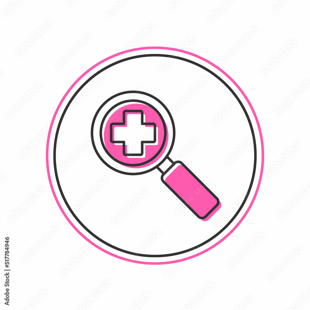 Filled outline Magnifying glass for search medical icon isolated on white background. Hospital search. Vector Filled outline Magnifying glass for search medical icon isolated on white background. Hospital search. Vector