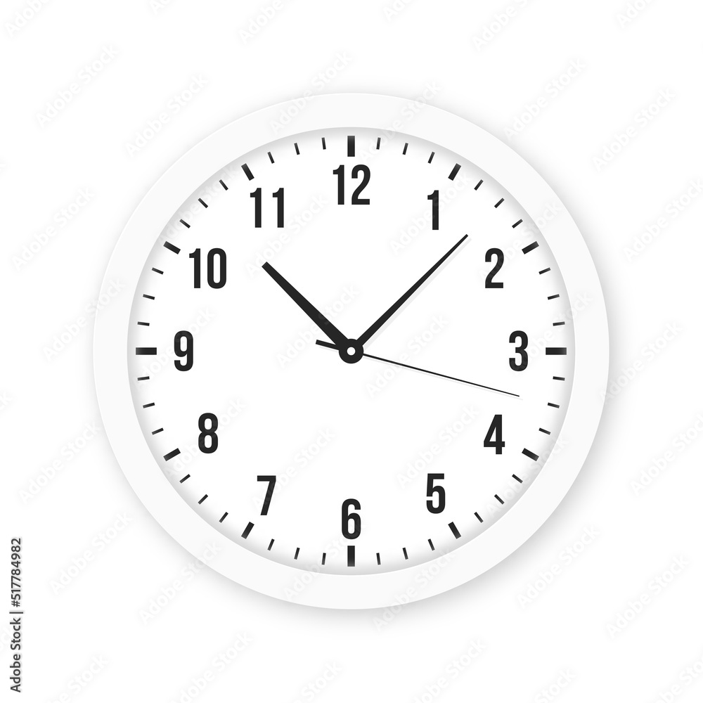 Modern clock with Arabic numbers isolated on white background. White wall clock with arrows and Arabic clock face. Vector Modern clock with Arabic numbers isolated on white background. White wall clock with arrows and Arabic clock face. Vector