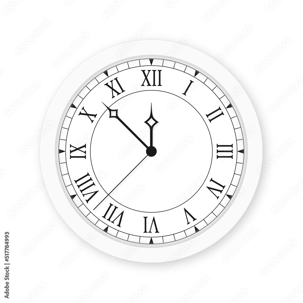 Vintage clock with Roman numerals isolated on white background. White Vintage clock with Roman numerals isolated on white background. White