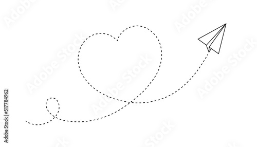 Airplane route in heart shape. Romantic travel concept. Background for travel and tourism. Start point, paper airplane and dashed line trace. Vector