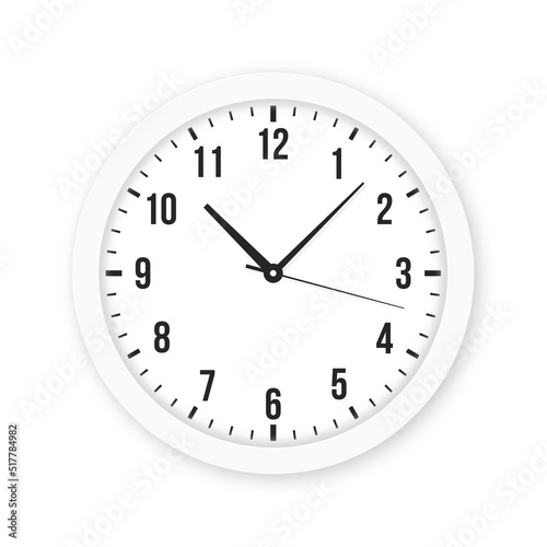 Modern clock with Arabic numbers isolated on white background. White wall clock with arrows and Arabic clock face. Vector