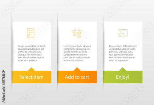 Concept of shopping process with 3 successive steps. Three colorful graphic elements. Timeline design for brochure, presentation, web site. Infographic design layout.