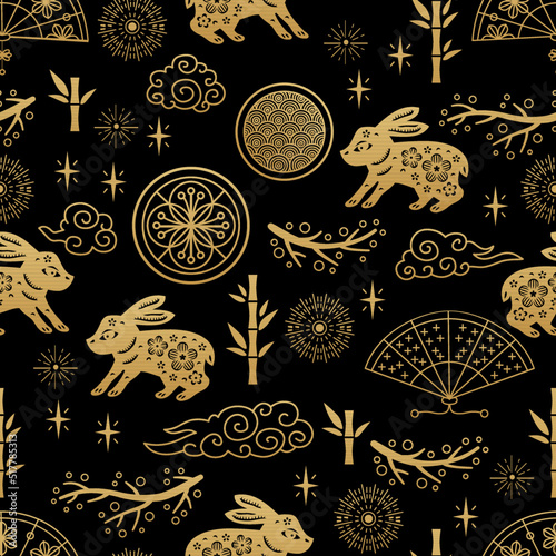 Chinese traditional oriental ornament background, Zodiac signs rabbit pattern seamless. Japanese, Chinese elements. Asian texture for printing, packaging, textiles, fabric, washi paper, scrapbooking