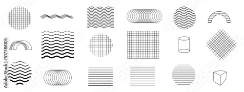 Set of abstract geometry elements, stripes, lines, cross, wave, dots. Texture. Line art. Memphis style. Vector stock illustration in graphic style for decor.