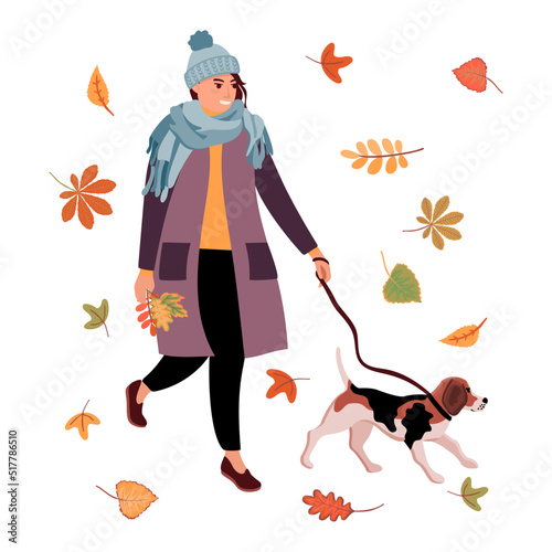 Female character with dog and leaf fall.Girl in hat and scarf walking with pet and autumn foliage isolated on white.Vector flat cartoon illustration icones for design card,poster,sticker,banner.
 photo