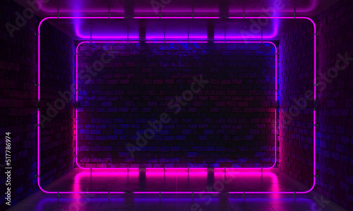 Brick wall, background, neon light. Neon room