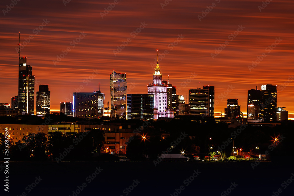 Fototapeta premium City panorama, Warsaw skyline with at beautiful sunset clouds,
