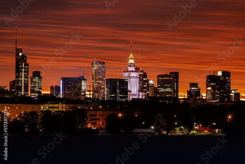 City panorama, Warsaw skyline with at beautiful sunset clouds,