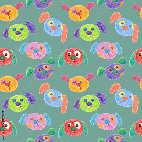 Wallpaper Mural Seamless pattern of dog faces drawn with wax crayons on green background. For fabric, sketchbook, wallpaper, wrapping paper. Torontodigital.ca