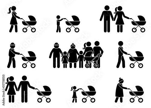 Stick figure family man, woman, grandpa, grandma with stroller. Stickman walking with baby wheeled carriage, perambulator, pram icon vector